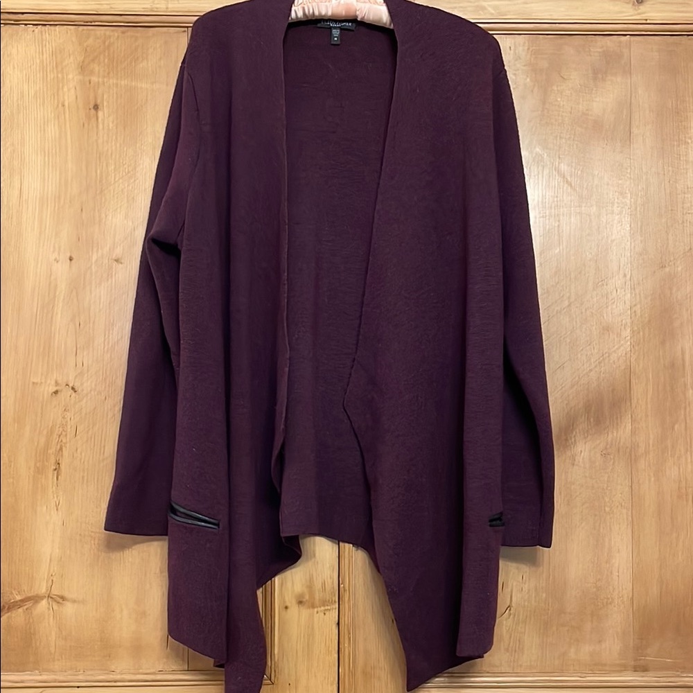 Eileen Fisher wool sweater/jacket in deep eggplant. Black leather trim detail